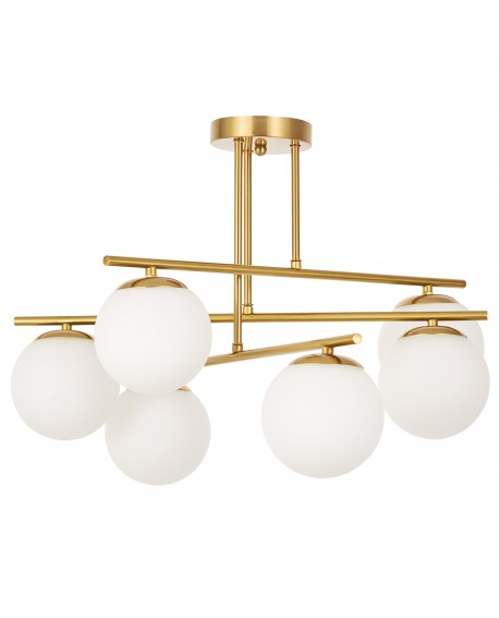 elegancka lampa Ledo wisząca złota z sześcioma białymi kloszami do sypialni miękkie światło nowoczesny design wnętrza