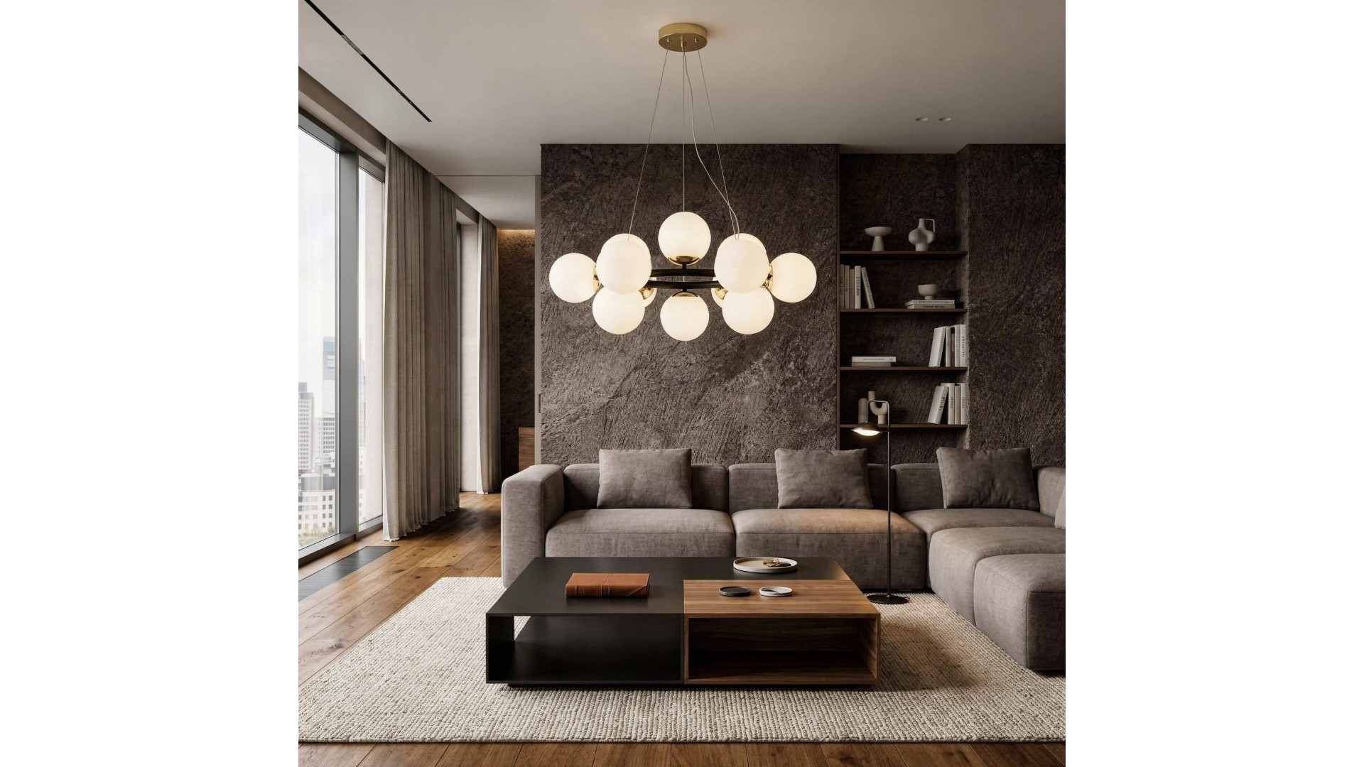 elegancka lampa wisząca czarno złota z kulami w salonie designerskie światło do nowoczesnego wnętrza