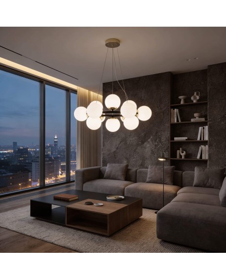 nowoczesna lampa wisząca czarno złota 12 kul w salonie eleganckie oświetlenie dużej przestrzeni