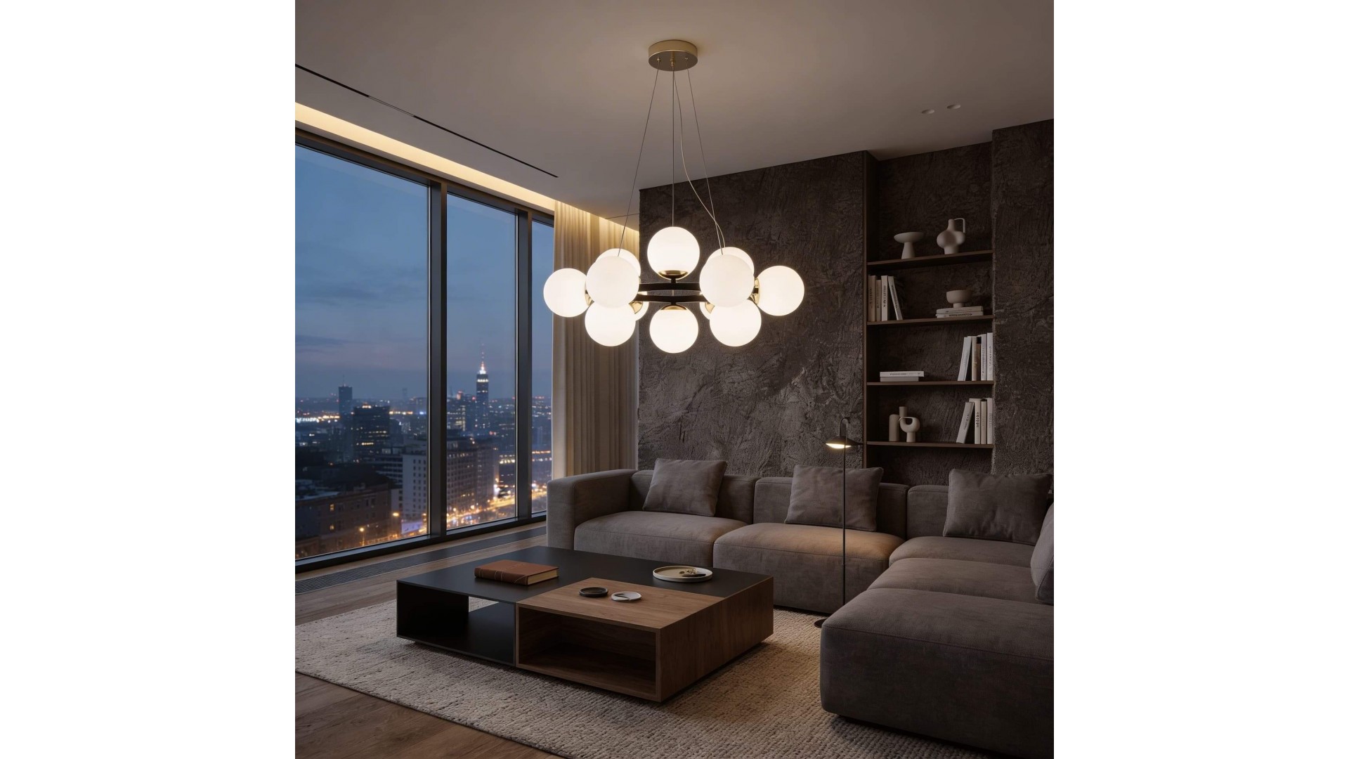 nowoczesna lampa wisząca czarno złota 12 kul w salonie eleganckie oświetlenie dużej przestrzeni