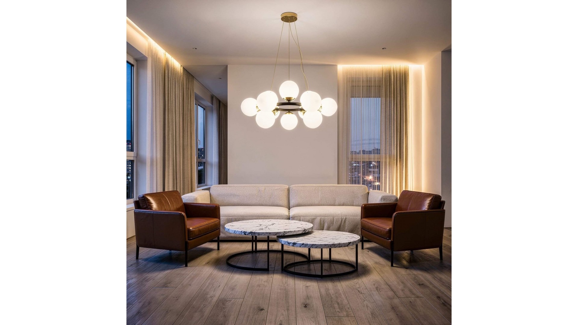 wisząca lampa sufitowa czarno złota LEDO Lampit 12 kul do dużego salonu