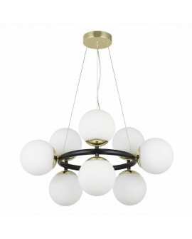 designerska lampa wisząca czarno złota 9 białych kul do salonu nowoczesne eleganckie oświetlenie wnętrza Lampit