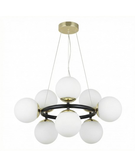 designerska lampa wisząca czarno złota 9 białych kul do salonu nowoczesne eleganckie oświetlenie wnętrza Lampit
