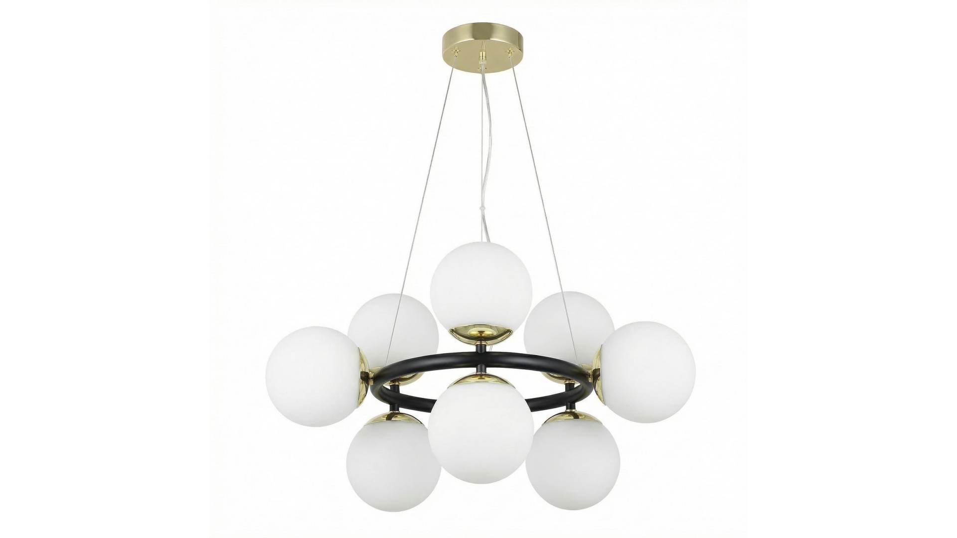 designerska lampa wisząca czarno złota 9 białych kul do salonu nowoczesne eleganckie oświetlenie wnętrza Lampit