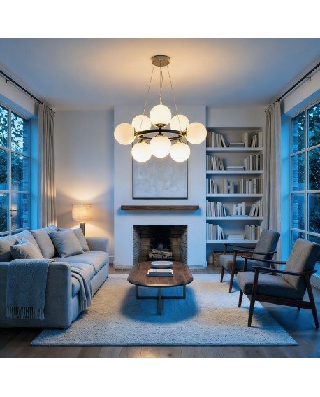  duża lampa wisząca czarno złota z dziewięcioma białymi kulami do salonu designerskie oświetlenie przestrzen