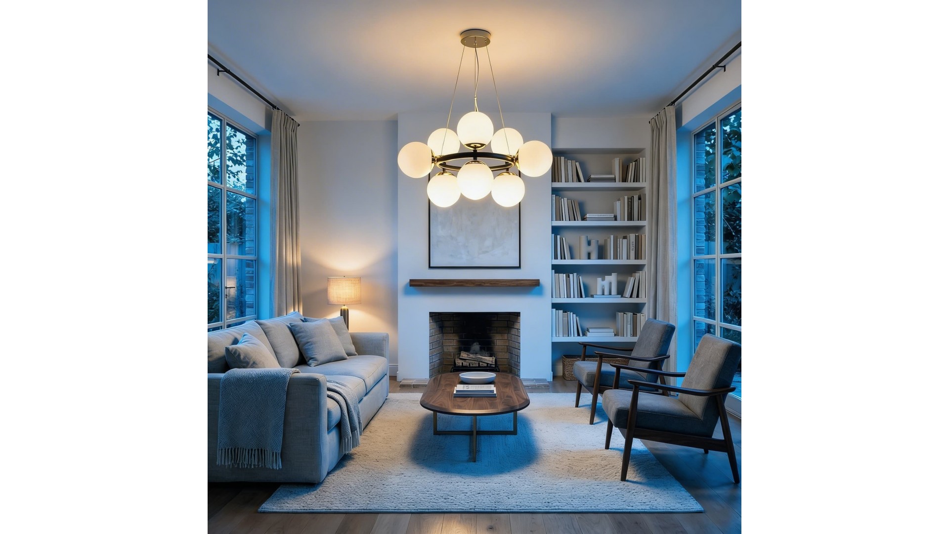 duża lampa wisząca czarno złota z dziewięcioma białymi kulami do salonu designerskie oświetlenie przestrzen