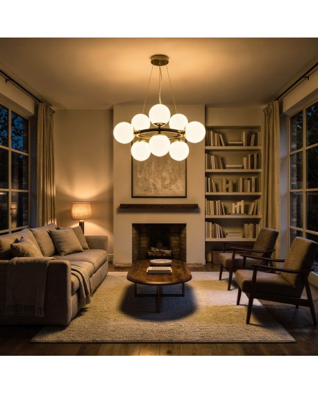 elegancka lampa wisząca czarno złota kule do sypialni miękkie światło nowoczesny styl oświetlenia wnętrza