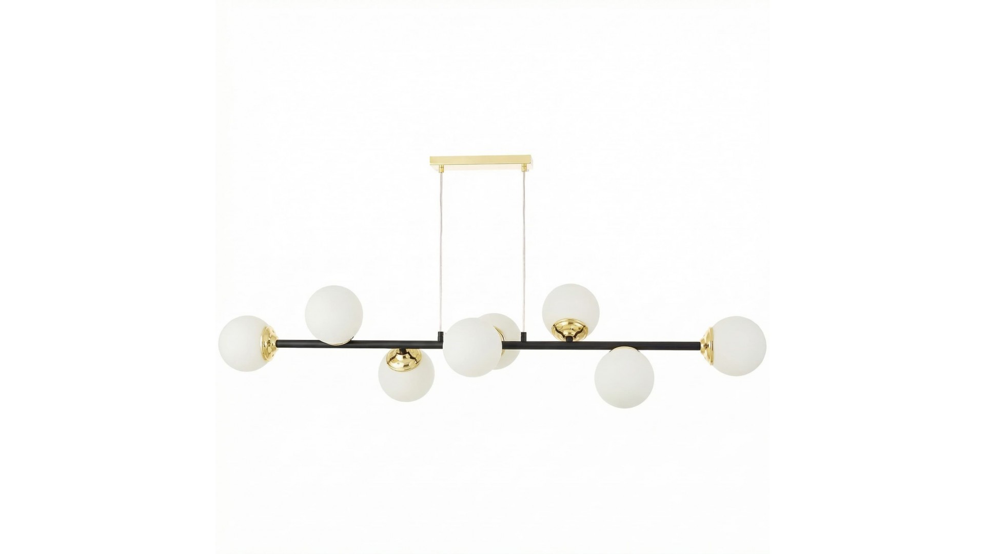 Designerska lampa wisząca czarno złota 8 białych kul nowoczesne eleganckie oświetlenie wnętrza styl loft