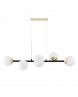 Nowoczesna lampa wisząca Fino W6 z sześcioma białymi kloszami i złotym mocowaniem