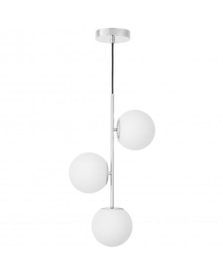 Nowoczesna chromowana lampa wisząca Stelvio W3 z trzema białymi kloszami