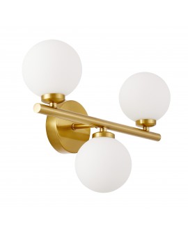 designerski kinkiet złoty szczotkowany 3 białe kule do salonu nowoczesne eleganckie oświetlenie ścienne wnętrza Marsiada W3