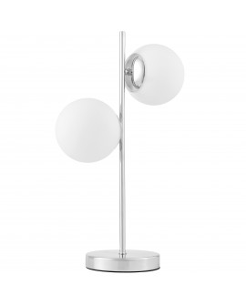 nowoczesna lampka nocna chrom kule mleczne szkło 2 źródła światła do sypialni funkcjonalne oświetlenie stolika