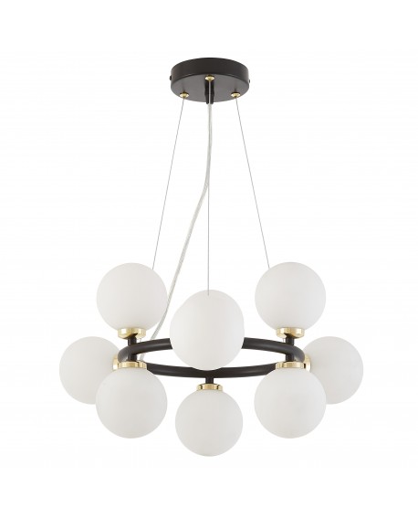 Nowoczesny żyrandol Marsiada W9 Lumina Deco z metalową ramą w kolorze czarnym i białymi kulistymi kloszami