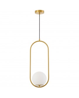 Nowoczesna lampa wisząca w szczotkowanym złocie z jednym kloszem w formie szklanej kuli w owalnej ramie