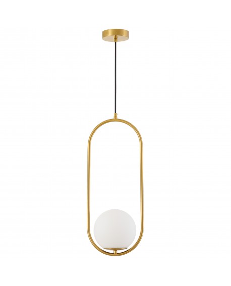 Nowoczesna lampa wisząca w szczotkowanym złocie z jednym kloszem w formie szklanej kuli w owalnej ramie