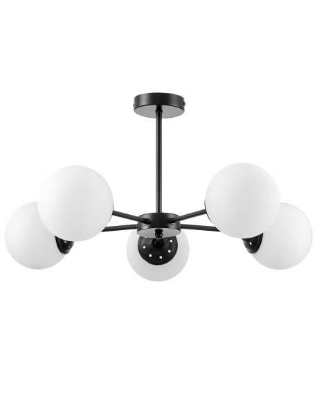  Czarna lampa sufitowa z pięcioma mlecznymi kulami na symetrycznych ramionach w nowoczesnym stylu