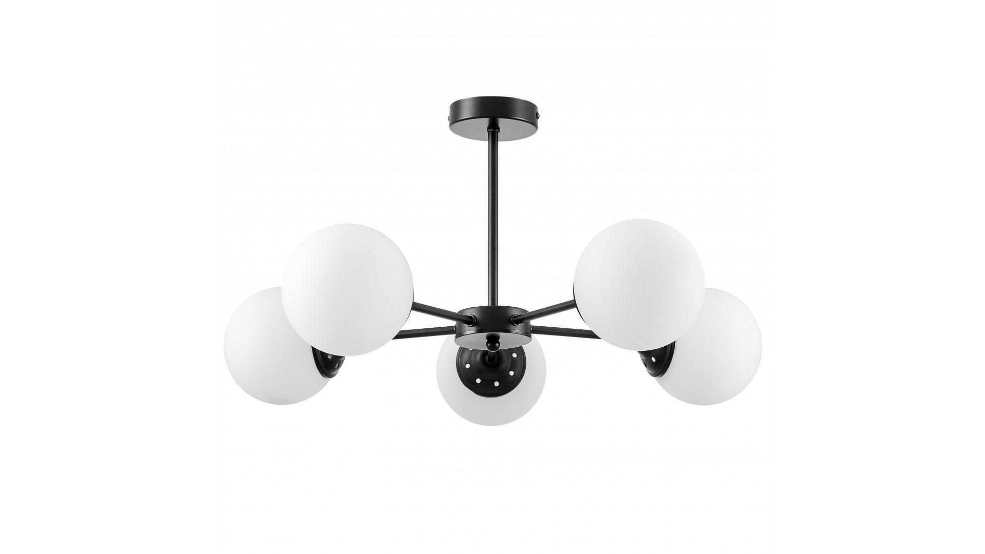  Czarna lampa sufitowa z pięcioma mlecznymi kulami na symetrycznych ramionach w nowoczesnym stylu