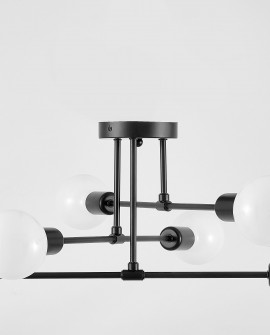 Czarna lampa sufitowa Nova od Lampit z sześcioma mlecznymi kulami w układzie geometrycznym idealna do nowoczesnego salonu
