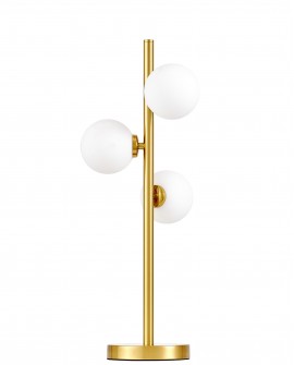 elegancka złota szczotkowana lampa stołowa z trzema białymi kulami marsiada lumina deco do stylowych wnętrz