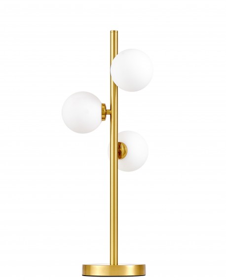 elegancka mosiężna lampa stołowa z trzema białymi kulami marsiada lumina deco do stylowych wnętrz