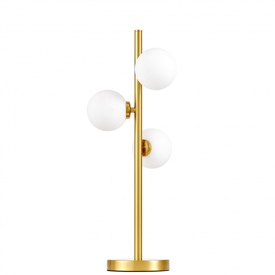 elegancka złota szczotkowana lampa stołowa z trzema białymi kulami marsiada lumina deco do stylowych wnętrz