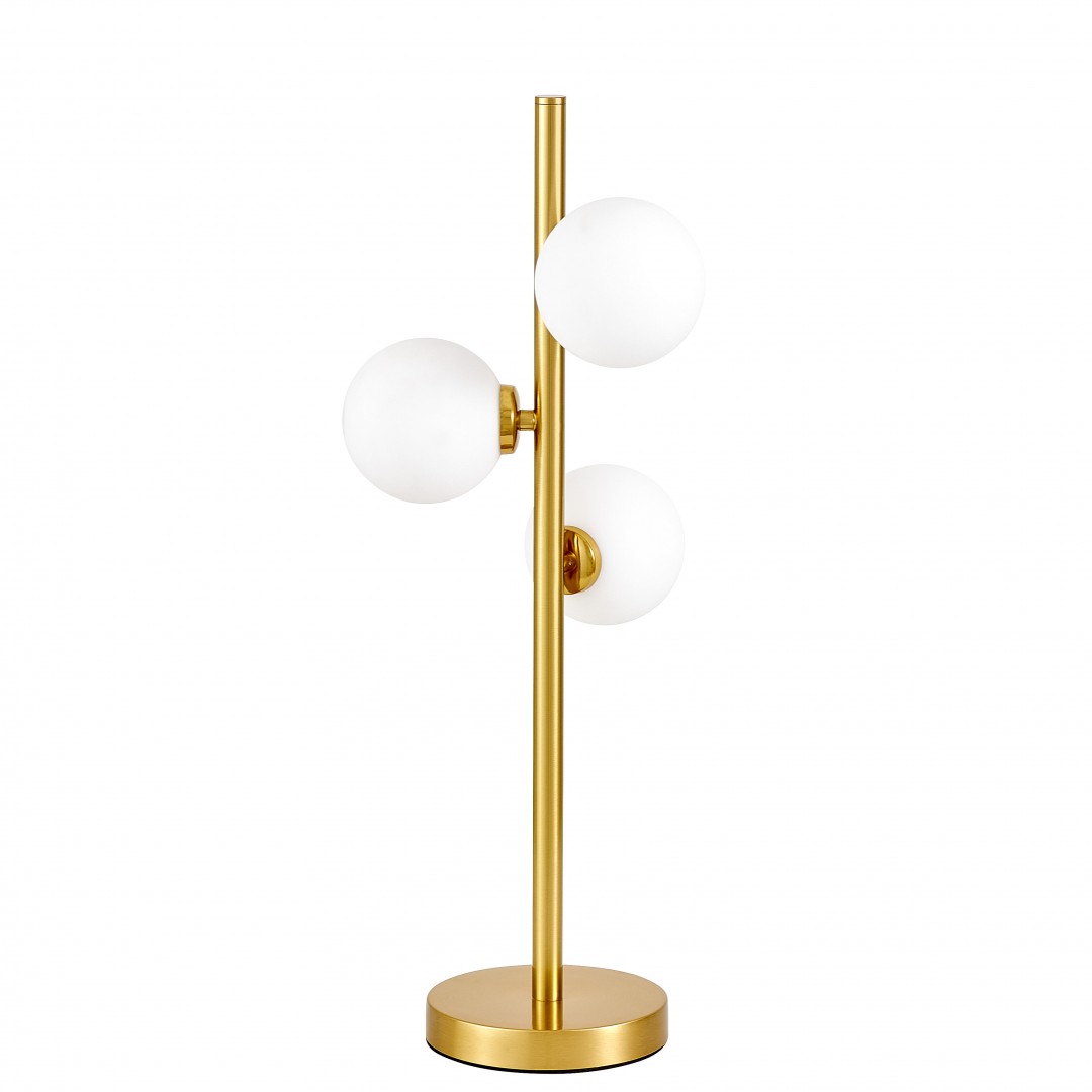  designerska lampa stołowa złota szczotkowana z potrójnymi białymi kulami marsiada lumina deco do aranżacji premium
