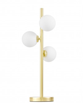 elegancka złota lampa stołowa z trzema białymi kulami marsiada lumina deco do nowoczesnych wnętrz