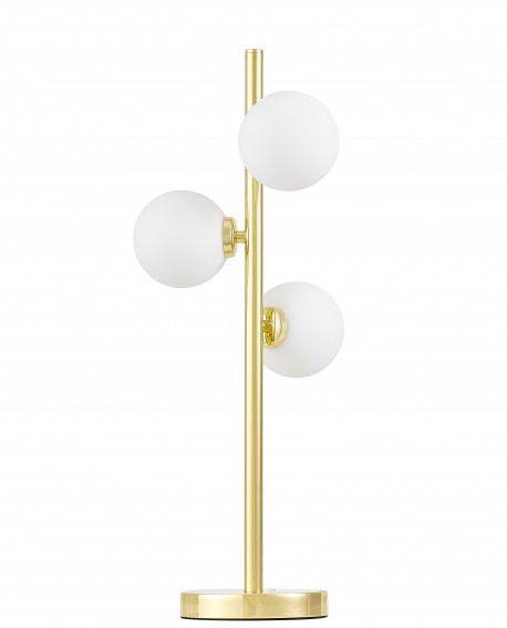 elegancka złota lampa stołowa z trzema białymi kulami marsiada lumina deco do nowoczesnych wnętrz