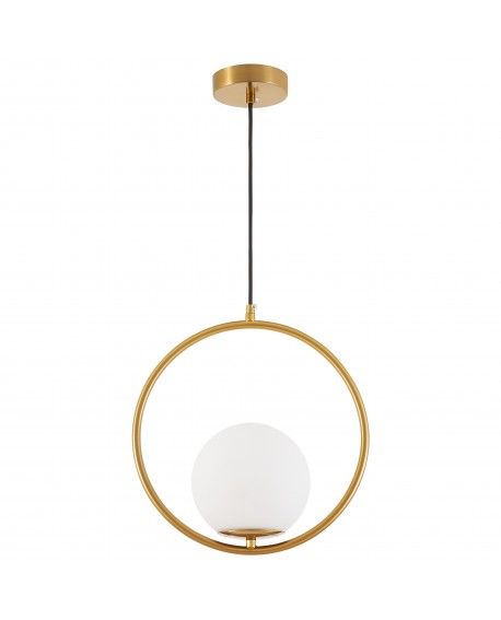 Nowoczesna lampa wisząca w szczotkowanym złocie z okrągłym pierścieniem i mleczną kulą – minimalistyczne oświetlenie do salonu.