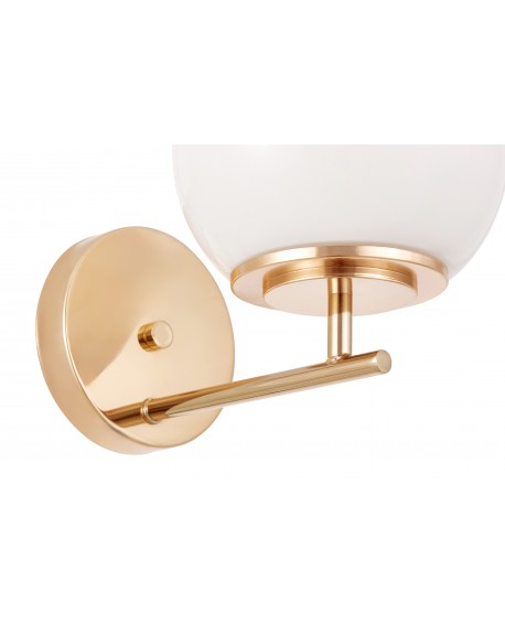 Fragment konstrukcji metalowej na złotym kinkiecie glamour z okrągłym białym kloszem