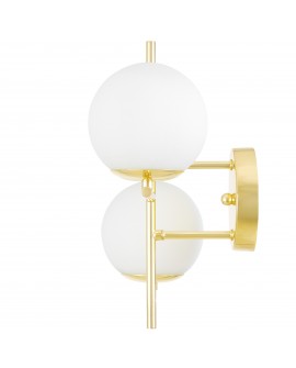 boczny podgląd lampy z dwoma białymi kloszami i złotej ramie