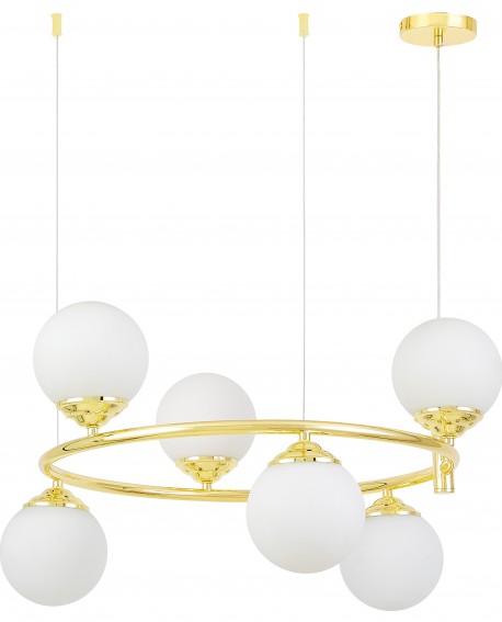 lampa wisząca Lampit w odsłonie Fino 6 z regulacją wysokości w złotym połysku ze szklanymi kulami rozmieszczonymi na okręgu