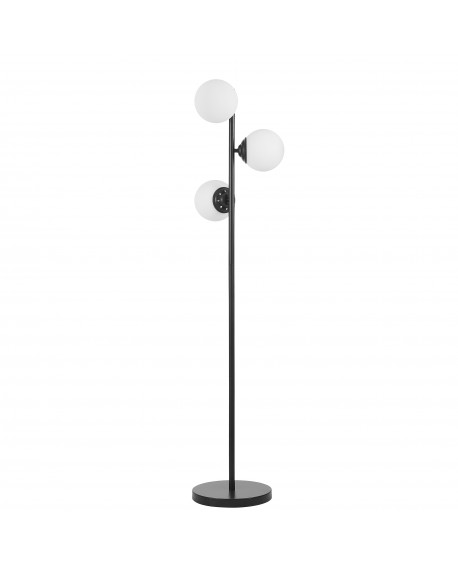 lampa stojąca Lampit z serii Fino 3 w czarnym wykończeniu z trzema mlecznymi kulami ustawiona na okrągłej stabilnej podstawie