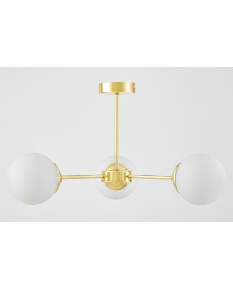  Lampa wisząca z trzema kulistymi kloszami, złota konstrukcja z białym szkłem, elegancka i nowoczesna.