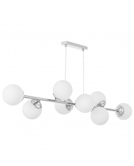 elegancka lampa wisząca chromowana z białymi kulami designerskie oświetlenie miękkie światło nowoczesna forma