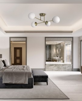 Designerska lampa sufitowa Fino 4 LED w złotym kolorze, białe kule w nowoczesnym wnętrzu