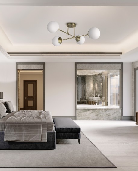 Designerska lampa sufitowa Fino 4 LED w złotym kolorze, białe kule w nowoczesnym wnętrzu