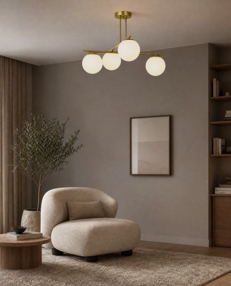 Złota lampa sufitowa Lampit LEDO z kulistymi kloszami do salonu w minimalistycznym stylu