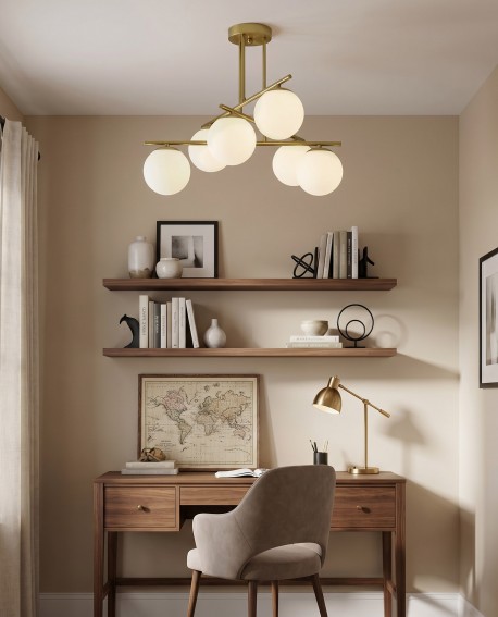 designerska lampa wisząca szczotkowane złoto 6 białych kul do salonu nowoczesne eleganckie oświetlenie wnętrza