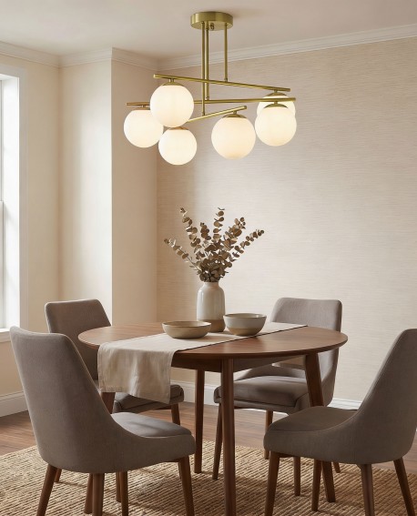 designerska lampa wisząca szczotkowane złoto 6 białych kul do salonu nowoczesne eleganckie oświetlenie wnętrza