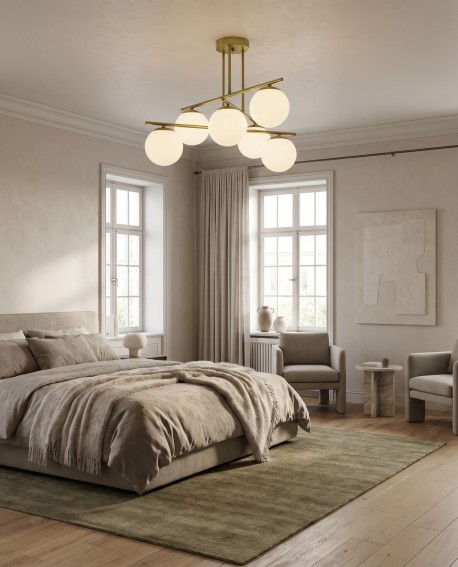 Elegancka lampa Lampit LEDO W6 z białymi kloszami nad łóżkiem w przestronnej sypialni