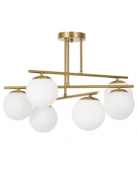 Elegancka lampa Ledo wisząca złota z sześcioma białymi kloszami do sypialni miękkie światło nowoczesny design wnętrza