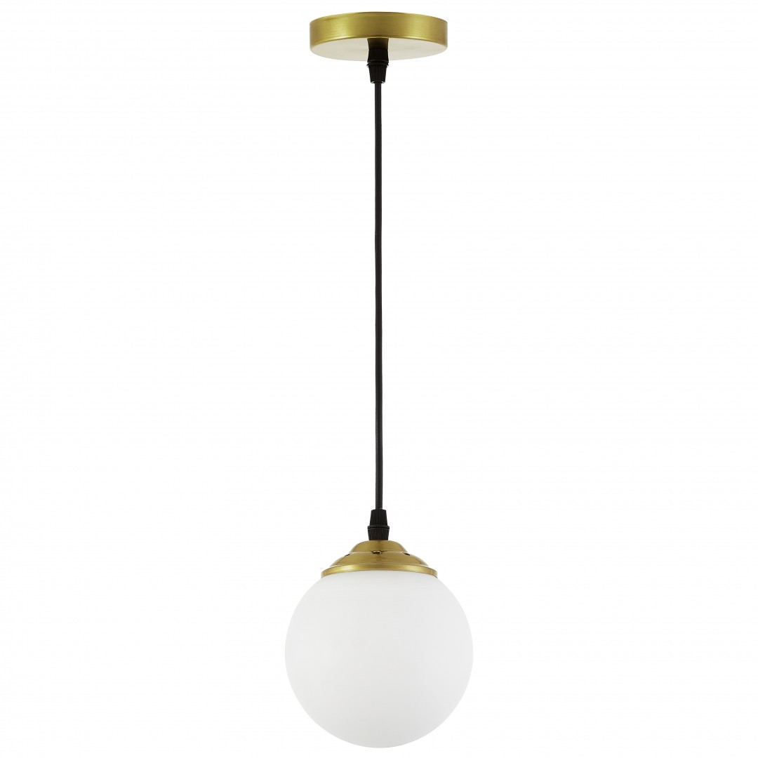 Nowoczesna lampa wisząca Fino W1 LED – złota oprawa z białą szklaną kulą, eleganckie oświetlenie do salonu i jadalni.