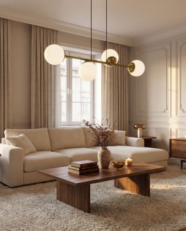 Designerska lampa sufitowa złota idealna nad stolik kawowy w salonie