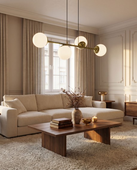 Designerska lampa sufitowa złota idealna nad stolik kawowy w salonie