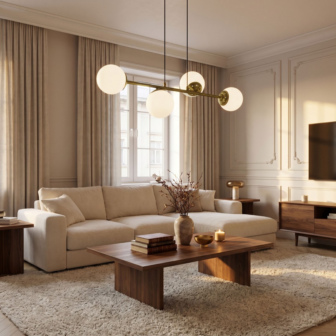 Designerska lampa sufitowa złota idealna nad stolik kawowy w salonie
