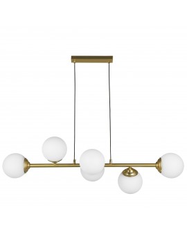 Lampa wisząca sufitowa złoto szczotkowane z sześcioma kulami białe szkło na belce FINO 6 LED od Lampit