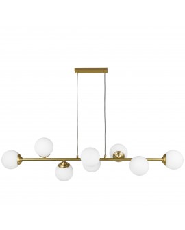Nowoczesna lampa sufitowa w stylu glamour szczotkowana złota metalowa konstrukcja z ośmioma mlecznobiałymi kloszami