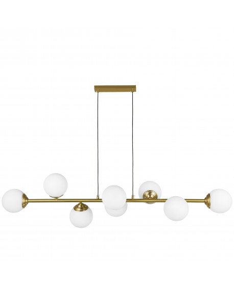Nowoczesna lampa sufitowa w stylu glamour szczotkowana złota metalowa konstrukcja z ośmioma mlecznobiałymi kloszami