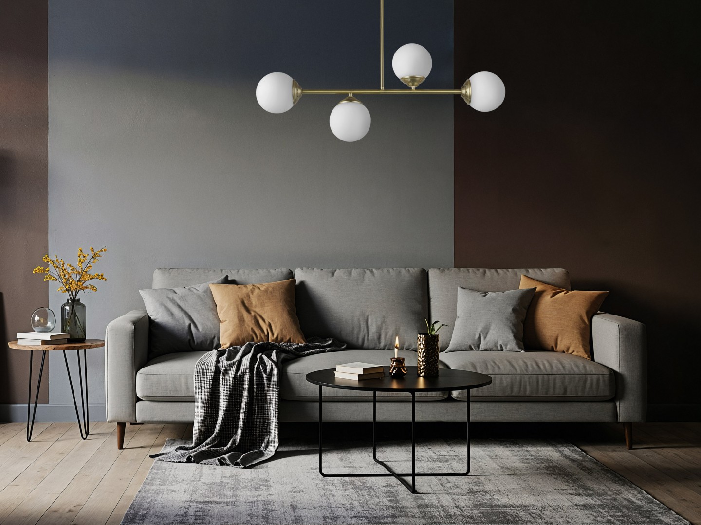 Stylowa lampa z białymi kloszami wisząca FINO W4 zamontowana nad stolikiem kawowym w salonie